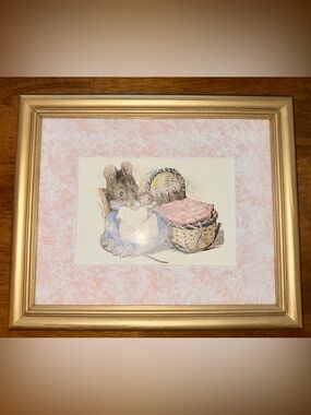 Vintage Gold Frame Art Print Hunca Munca Babies Beatrix Potter Baby Pink Nursery